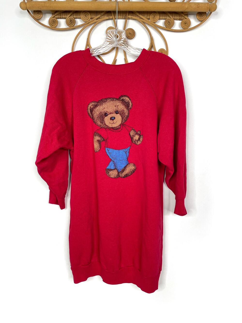 Vintage 90s Teddy Bear Sweatshirt Tunic Red Pullover Long Sleeve Womens Medium